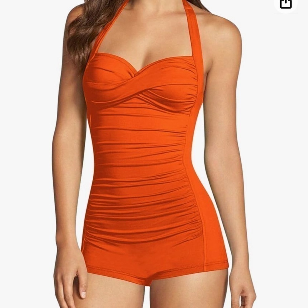 Women's One Piece Tummy Control Swimwear Boyleg Ruched Swimsuit Orange Small